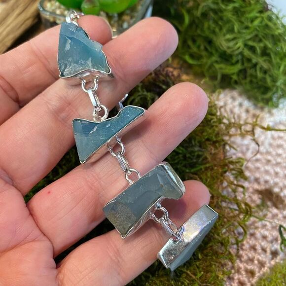 Rough Aqua Chalcedony Gemstone Sterling Silver Toggle Bracelet - Picture 2 of 5